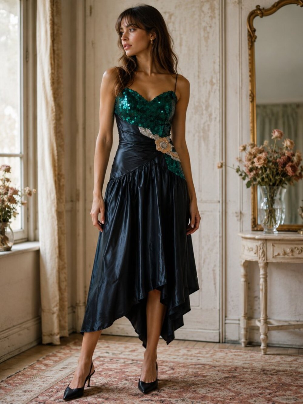 Nadine 80s Dress Emerald Sequin Satin Asymmetrical Formal Cocktail Vintage